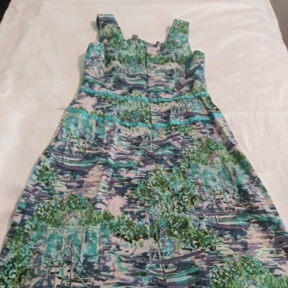 Rabbit Designs Watercolor Lake House Scenery Print Sheath Dress w/ Sash Green 6 - Picture 5 of 6